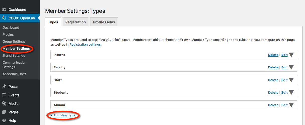 Member Settings: Add New Type