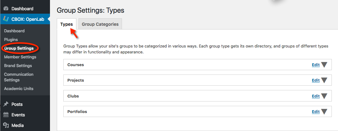 Group Settings Types tab