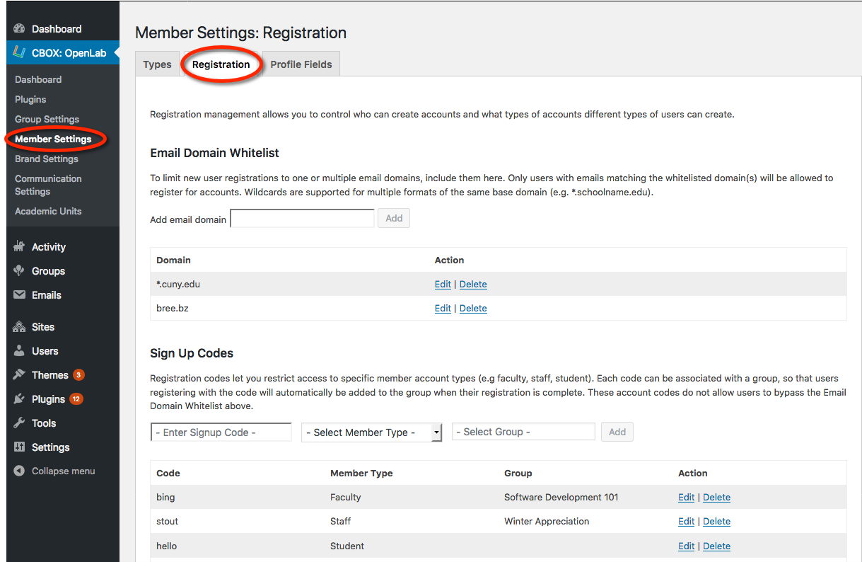 Member settings: registration