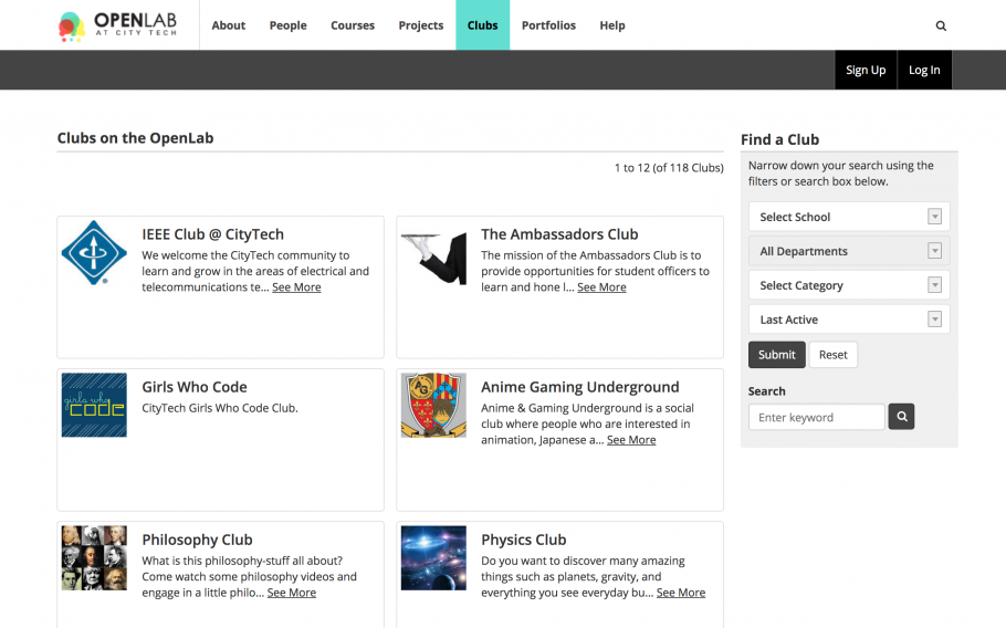 OpenLab Clubs directory page