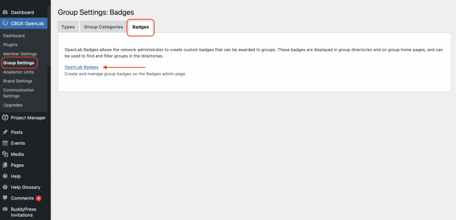 Badges tab in Group Settings section of the CBOX OpenLab Dashboard.