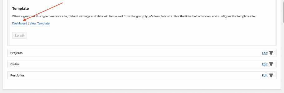 Template section of the course group type settings.